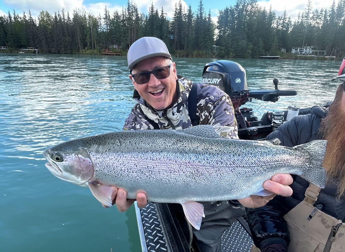 Angler holding a trophy rainbow trout on the Kenai River in September