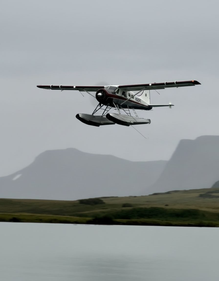 Float plane flying over Alaska wilderness