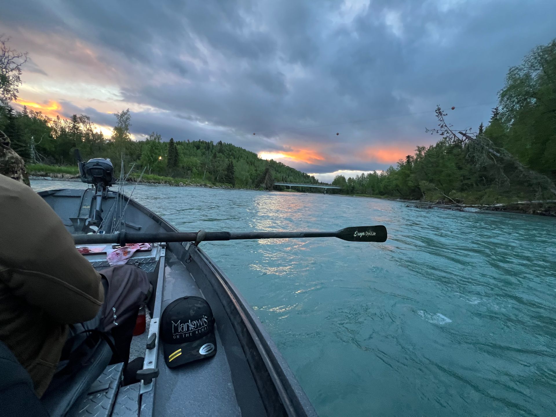 Drift boat on the Kenai River at sunset